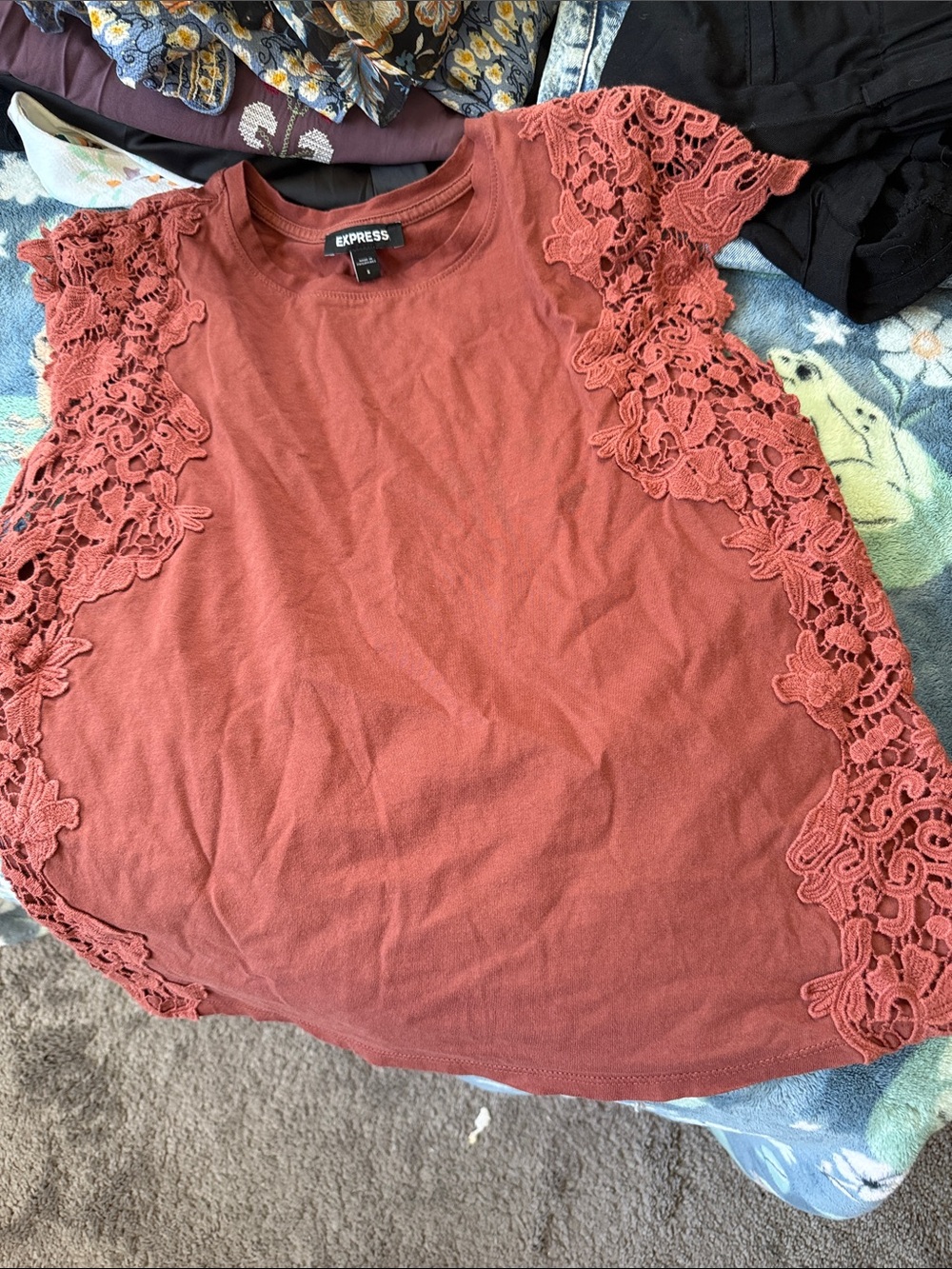 Express Short Sleeve Lace-Trim Tee in Rust